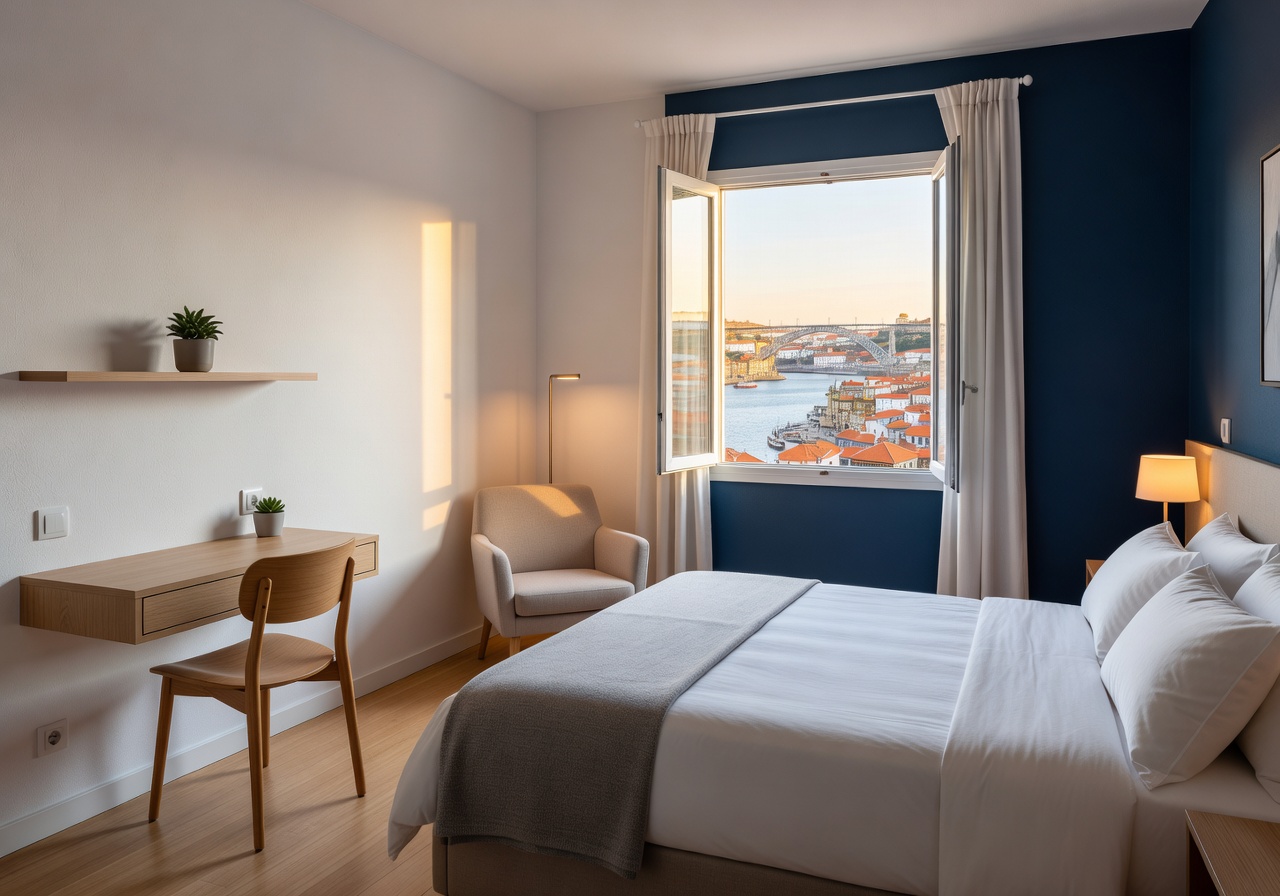Charming budget hotel room in Porto, Portugal with modern decor