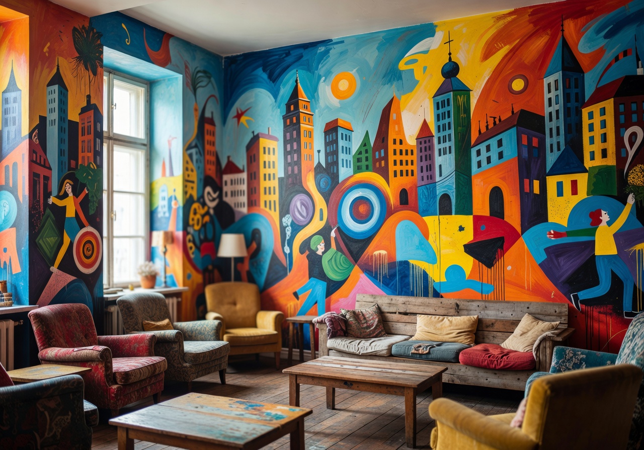 Oki Doki City Hostel artistic interior with colorful murals in Warsaw, Poland
