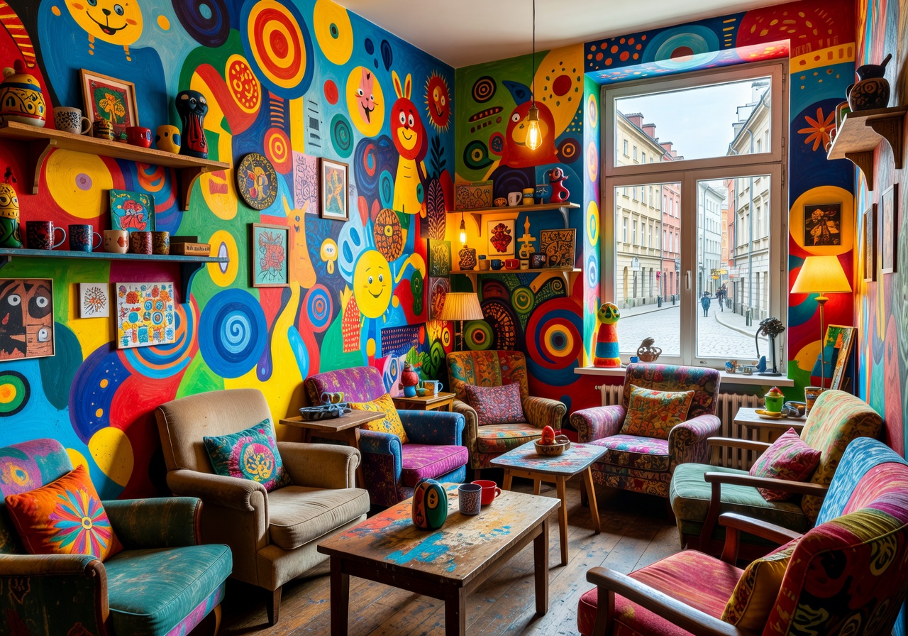 Oki Doki City Hostel colorful artistic room with painted walls and unique decor in Warsaw, Poland