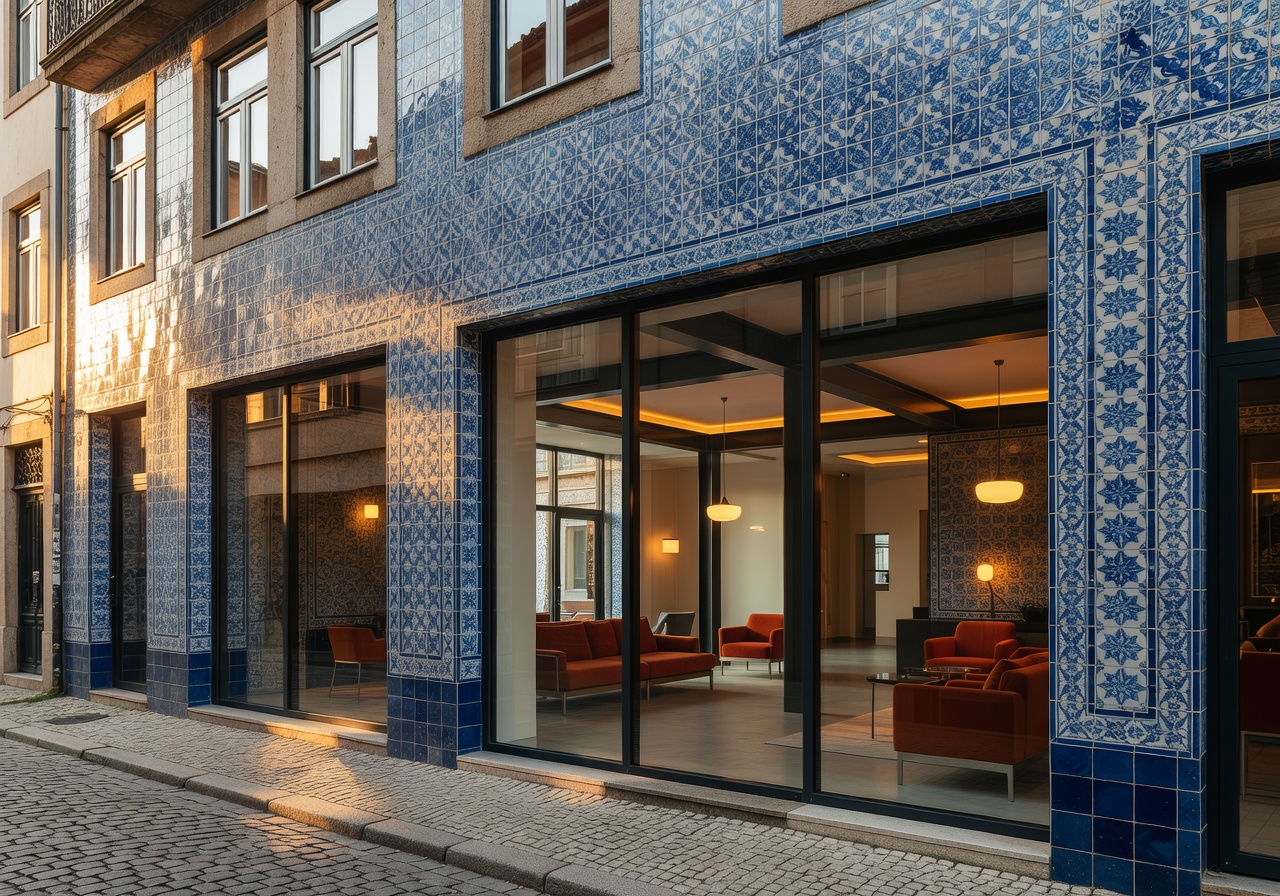 Selina Porto hotel building with traditional Portuguese tilework and modern interior in Porto