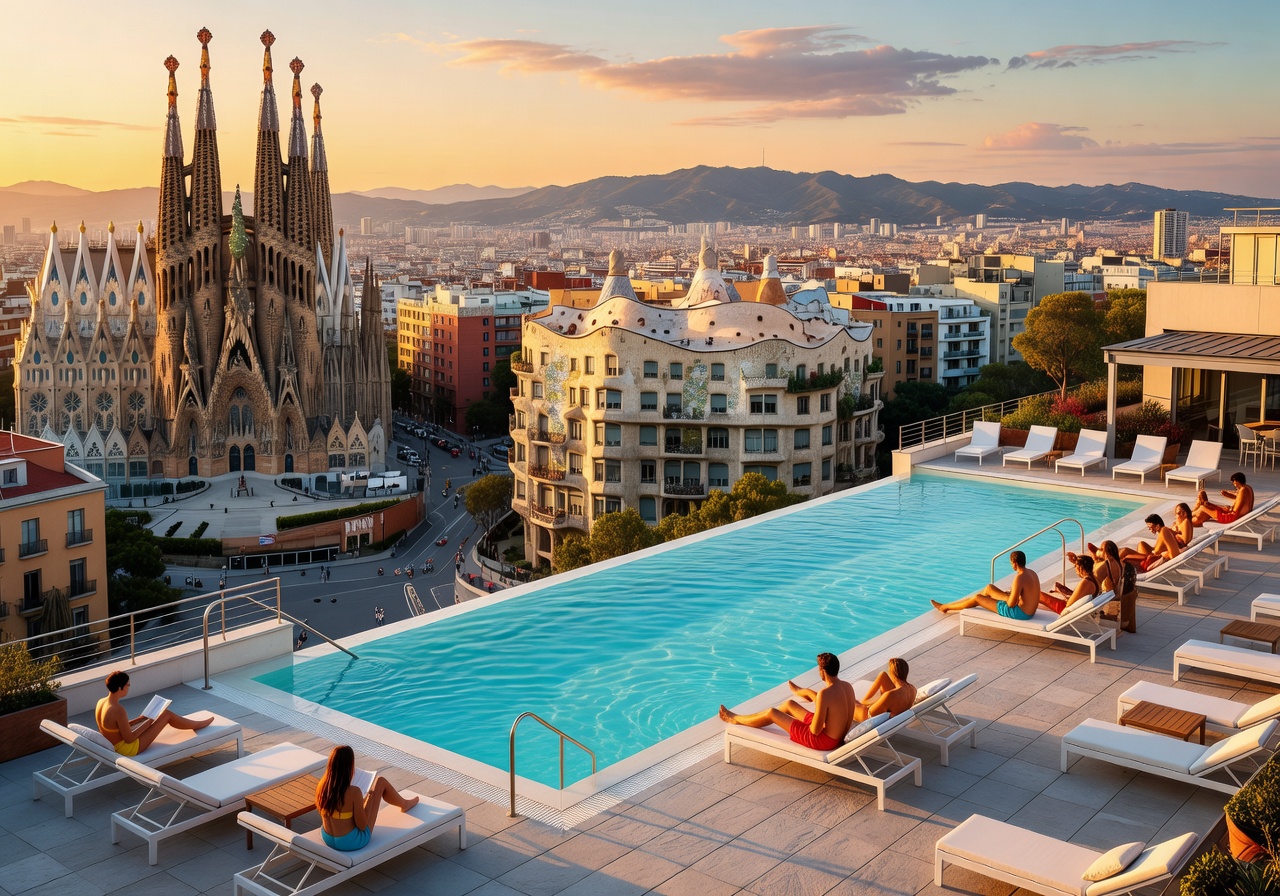 TOC Hostel Barcelona rooftop pool with panoramic views of the Barcelona skyline